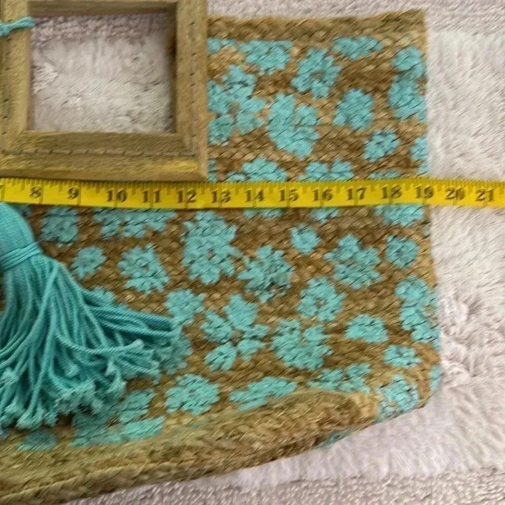 Twig & Arrow Boho Woven Jute Hand Painted Turquoise Flower Tote Beach Bag